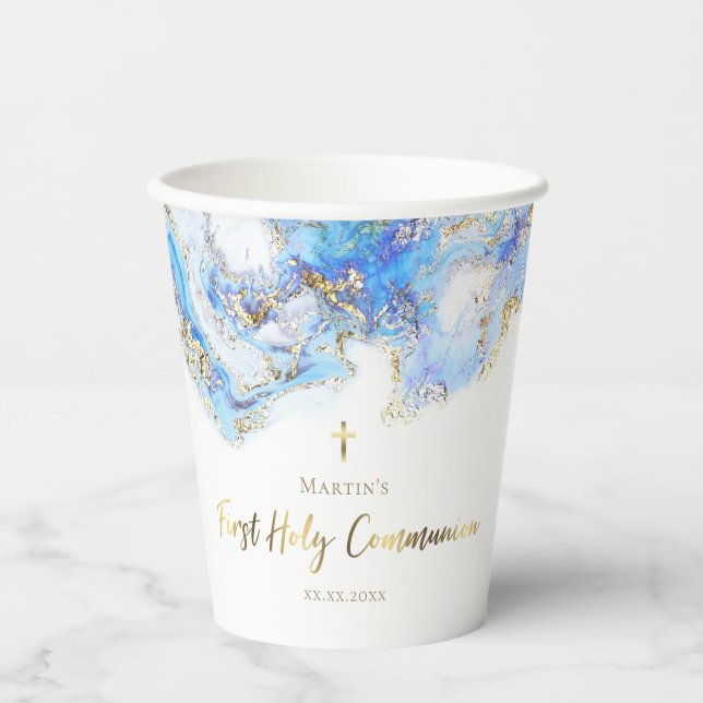 Vasos De Papel mármol azul pastel Primer Comunión (Anverso)