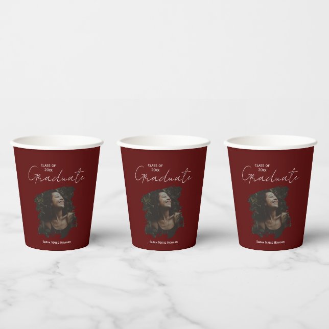 Vasos De Papel Maroon Graduation Customizable Photo and Text (Multi)