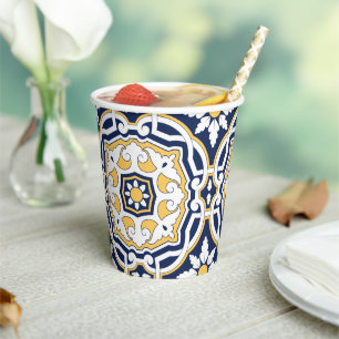 Vasos De Papel Marroquí azul intenso amarillo intrincado geométri