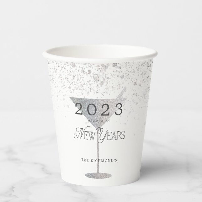 Vasos De Papel Martini Silver Purpurina blanco de Año Nuevo (Anverso)