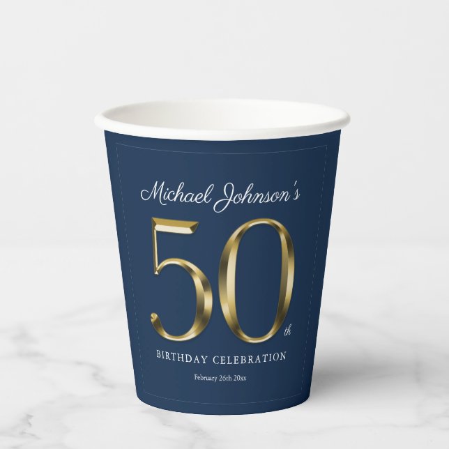 Vasos De Papel Masculina de oro sólido azul marino 50 cumpleaños (Anverso)