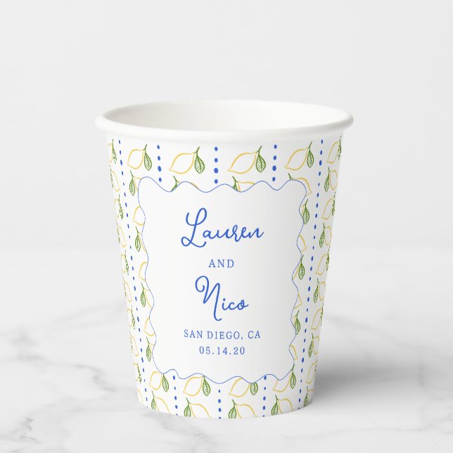 Vasos De Papel Matrimonio personalizado Amalfi azul y amarillo li (Anverso)