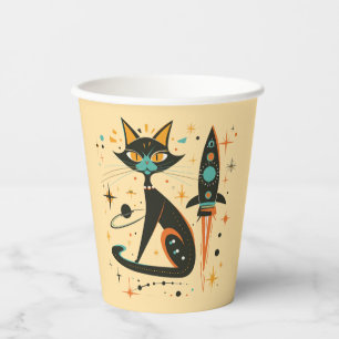 Vasos De Papel MCM Black Cat Retro Spaceship Stars Planets