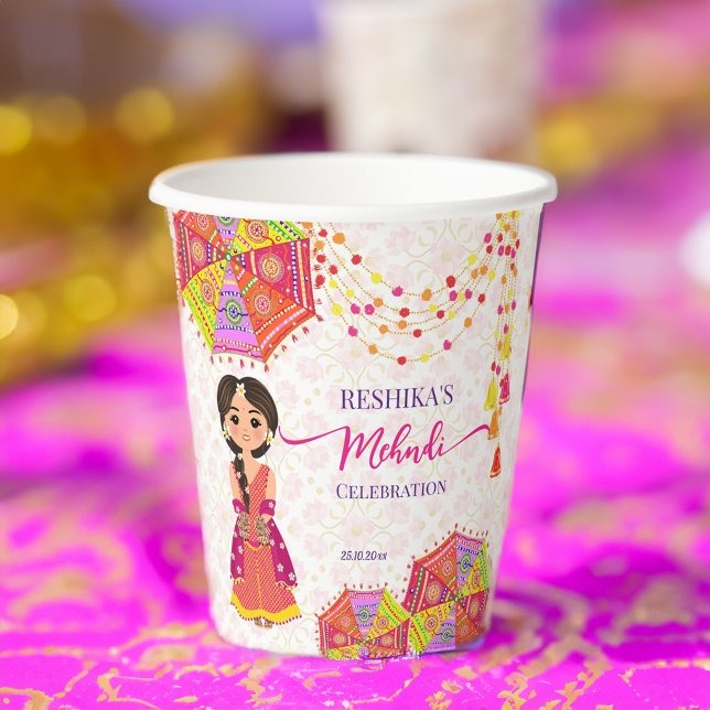 Vasos De Papel Mehndi lindo paraguas de novia indio (Mehndi table decor personalized printed paper cups cute Indian bride umbrellas Henna Paper Cups)