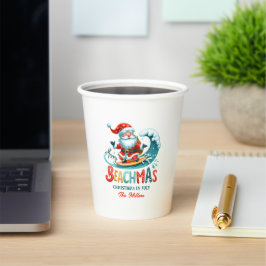 Vasos De Papel Merry Beachmas Santa Surfing Retro Design