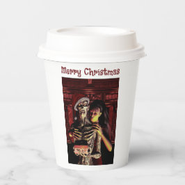 Vasos De Papel Merry Christmas. Funny skeleton with woman