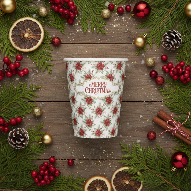 Vasos De Papel Merry Christmas Poinsettia Floral Holiday Pattern (Merry Christmas Poinsettia Paper Cup)