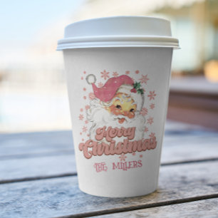 Vasos De Papel Merry Christmas Retro Typography Santa Gorra Rosa