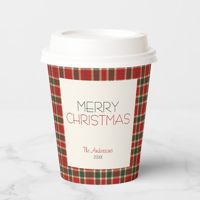 Vasos De Papel Merry Christmas Tartan Plaid Personalizado (Anverso)