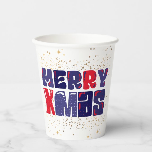Vasos De Papel Merry Xmas Cute Oro Azul Rojo (Anverso)