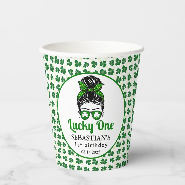 Vasos De Papel Messy Bun Lucky One First Birthday Chica (Anverso)