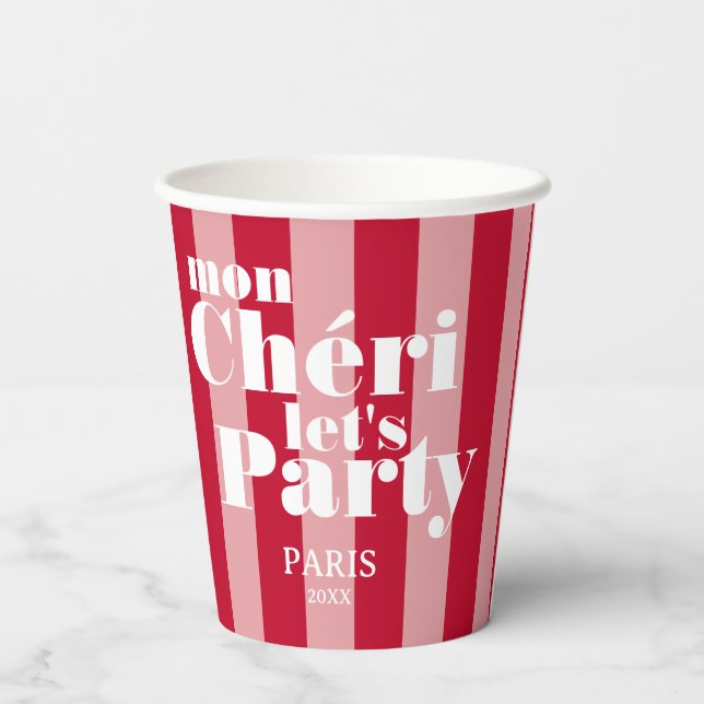 Vasos De Papel Mi Querida Vamos a la Fiesta Rojo Cereza Franja Au (Reverso )