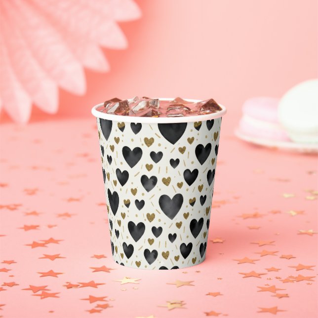 Vasos De Papel Midnight Onyx Hearts & Radiant Gold Sparkle (in situ)