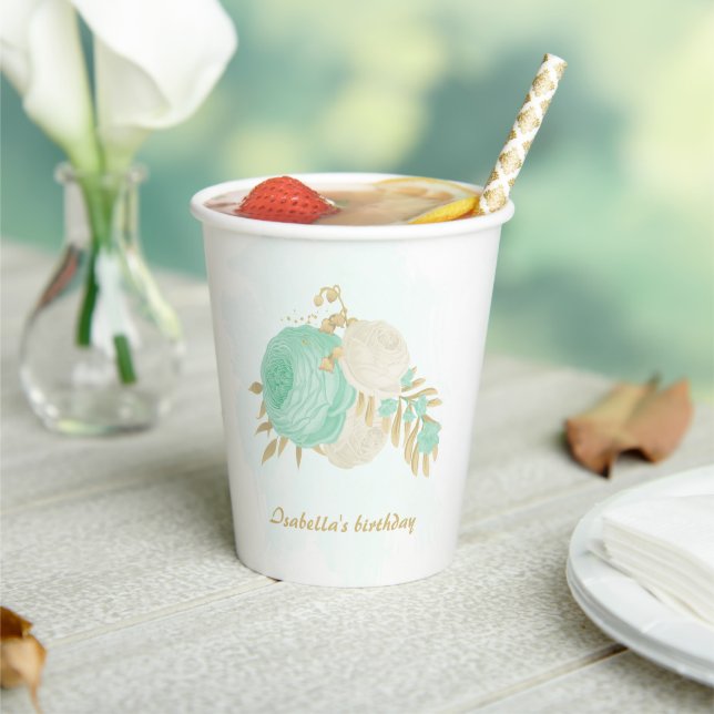 Vasos De Papel Minería romántica flores verdes y blancas de oro (in situ)