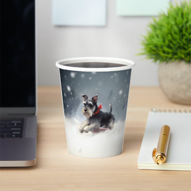 Vasos De Papel Miniatura Schnauzer Navidad nieve invierno (in situ)