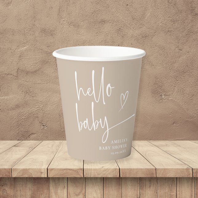 Vasos De Papel Minimal Beige Hello Baby Modern Baby Shower (Subido por el creador)