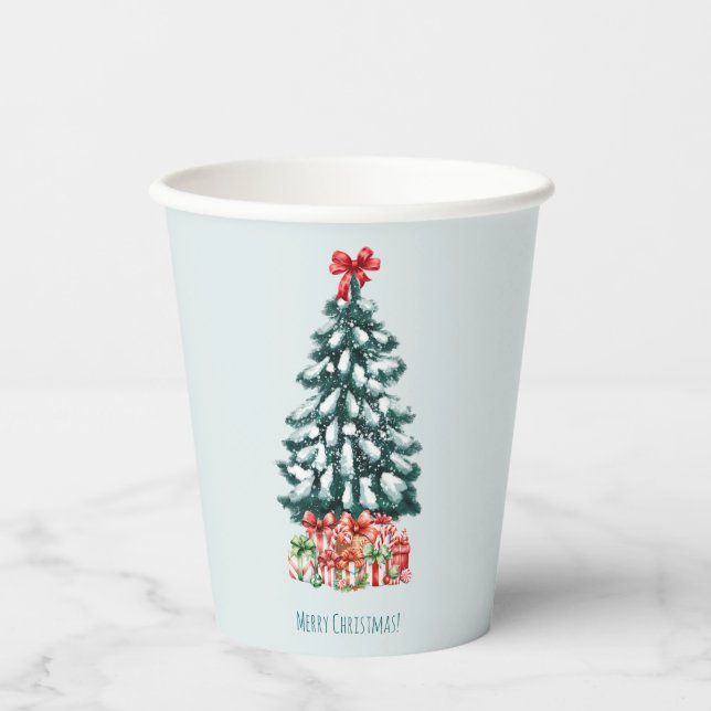 Vasos De Papel Minimalist Merry Christmas Snowy Pine Tree (Anverso)