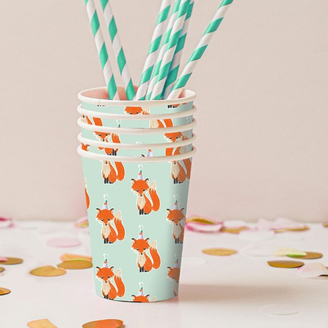 Vasos De Papel Mint Green Cute Fox Fiesta Gorra Woodland Cumpleañ (Illustrated fox in a party hat birthday paper cups.)