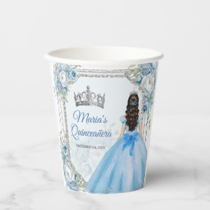 Vasos De Papel Mis Quince Blue Floral Silver Crown Quinceañera