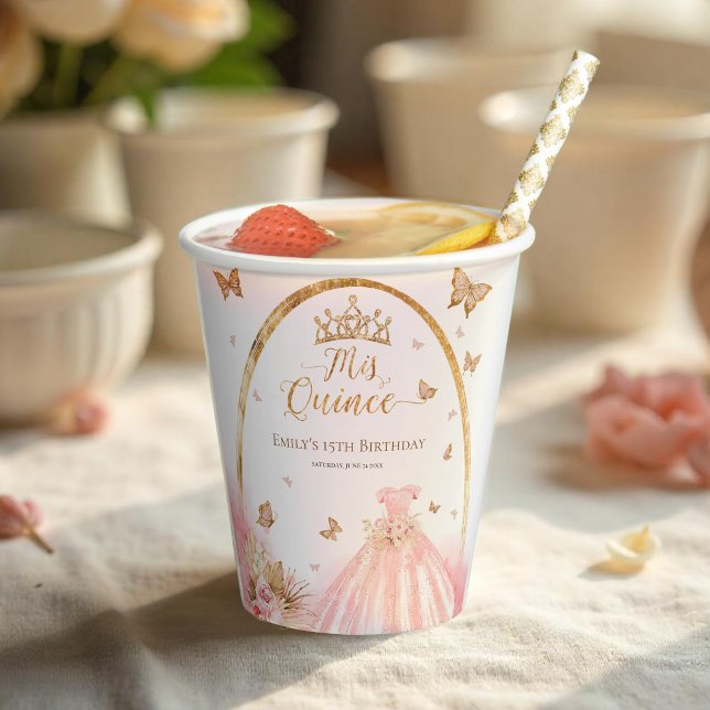 Vasos De Papel Mis Quince Boho Floral Rubor Rosa Quinceanera (Subido por el creador)