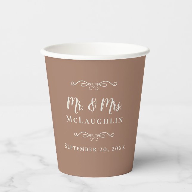 Vasos De Papel Mocha Brown Elegant Wedding Mr & Mrs Romantic (Anverso)