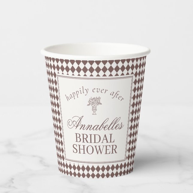 Vasos De Papel Mocha Brown Harlequin Checkered Bridal Shower (Anverso)