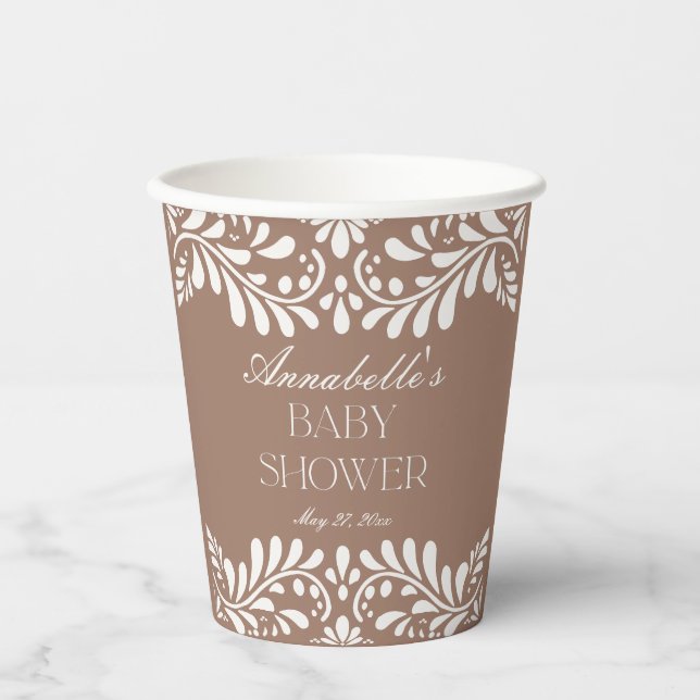 Vasos De Papel Mocha Brown Talavera Tile Fiesta Baby Shower (Anverso)