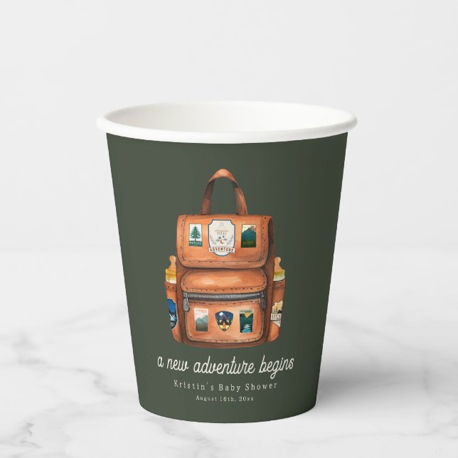 Vasos De Papel Mochila de aventura + Botellas Baby Shower verde (Anverso)