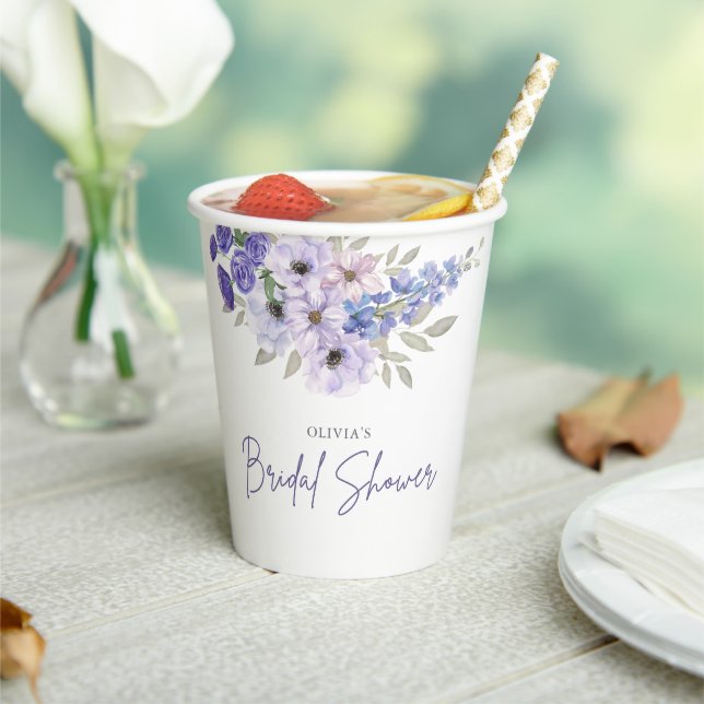 Vasos De Papel Moda acuarela Morado Flor Script Ducha de novia (in situ)