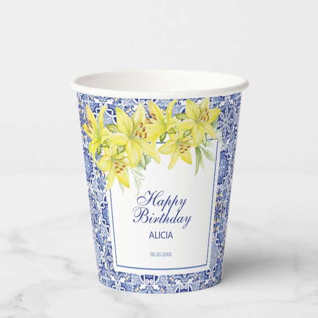 Vasos De Papel Moda Azul Portugués Azulejo Lirio Amarillo (Reverso )