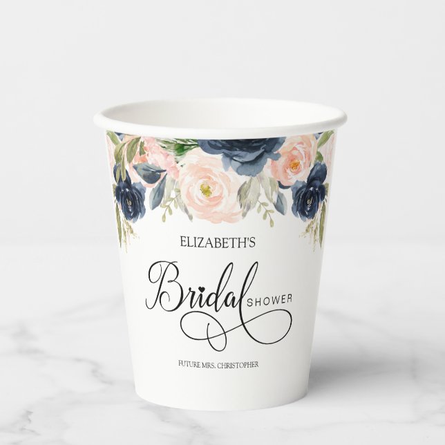 Vasos De Papel Moda Azul Rubor Floral Rosa Ducha Bridal (Anverso)