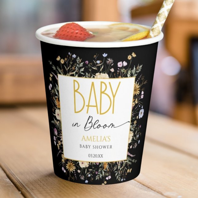 Vasos De Papel Moda Black Gold Baby Shower Floral (Subido por el creador)
