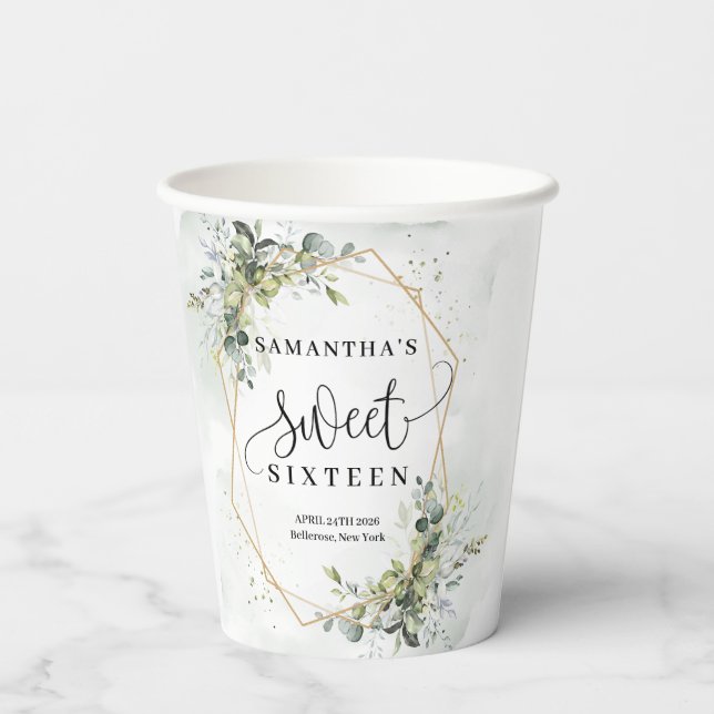 Vasos De Papel Moda boho eucalyptus verde oro 16 cumpleaños (Reverso )