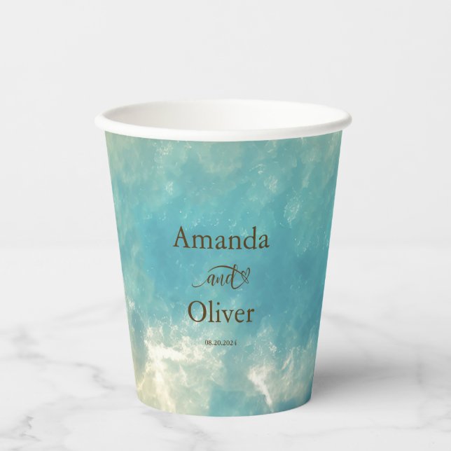 Vasos De Papel Moda costera Boda de agua turquesa de arena dorada (Anverso)