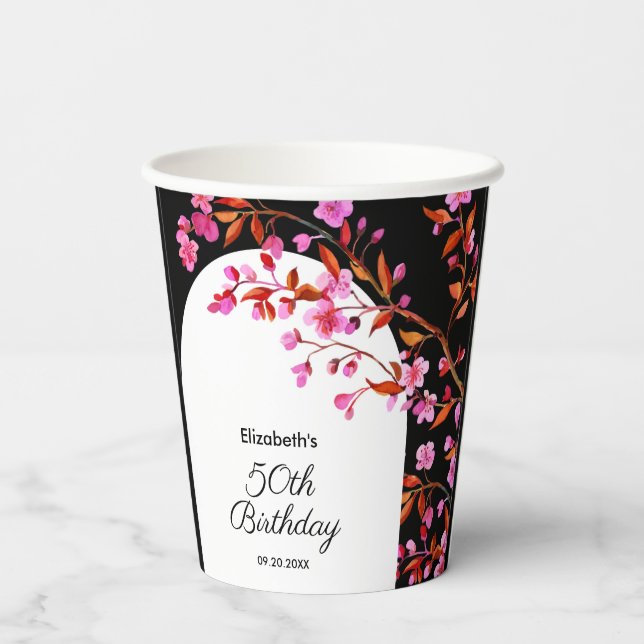 Vasos De Papel Moda Flor de cerezo Sakura Cumpleaños Blanco Negro (Reverso )