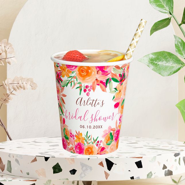 Vasos De Papel Moda floral floral otoño en negrita ducha de novia (Bold fall floral watercolor chic bridal shower paper cups)