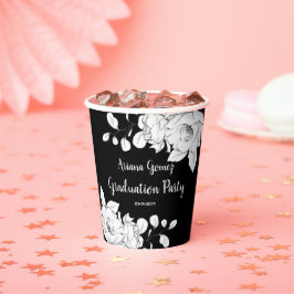 Vasos De Papel Moda Graduación Floral Blanca Y Negra Moderna