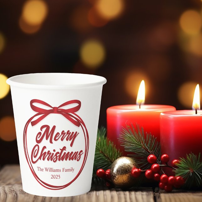 Vasos De Papel Moda Merry Christmas Script Red Ribbon Bow Fiesta (Subido por el creador)