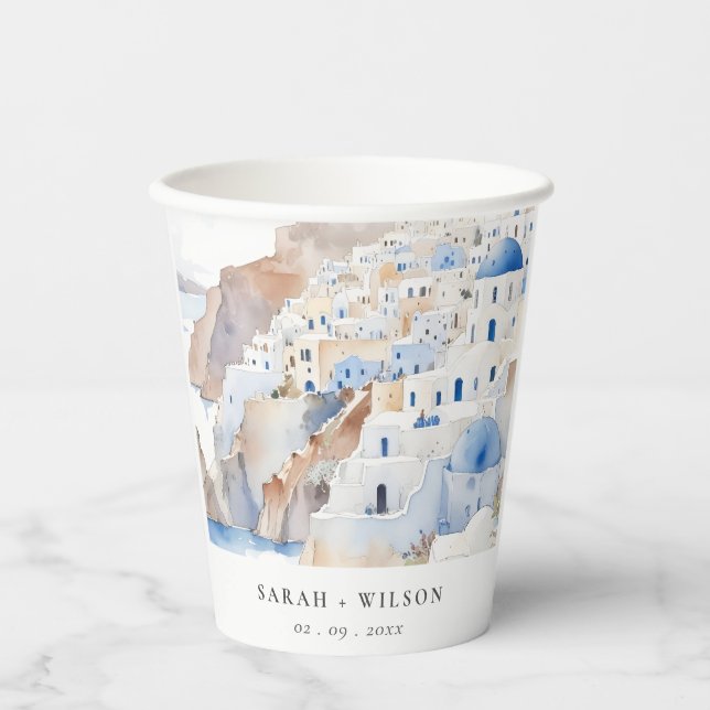 Vasos De Papel Moda mínima Santorini Grecia Boda acuarela (Anverso)