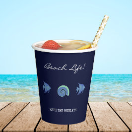 Vasos De Papel Moda Navy Blue Family Name Shells Fish Beach House