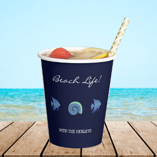 Vasos De Papel Moda Navy Blue Family Name Shells Fish Beach House