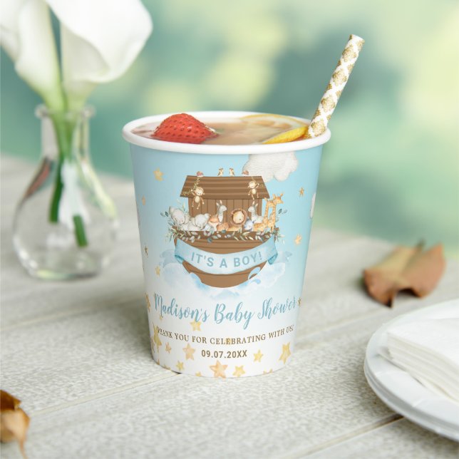 Vasos De Papel Moda Noah's Ark Cute Animals Blue Boy Baby Shower (in situ)