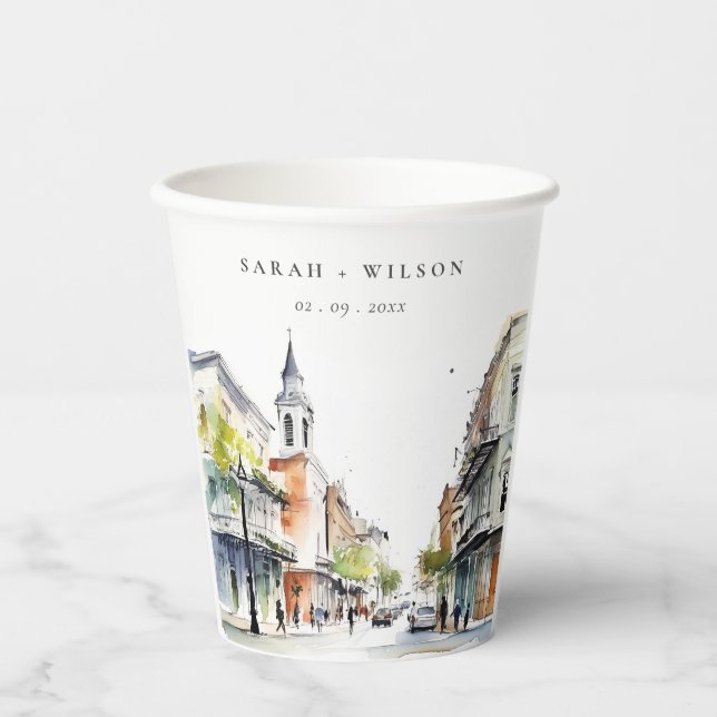 Vasos De Papel Moda Nueva Orleans Louisiana Watercolor Boda (Anverso)