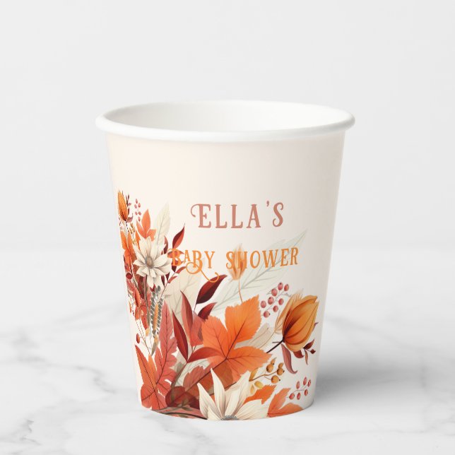 Vasos De Papel moda otoño hojas florales de bebé ducha (Anverso)