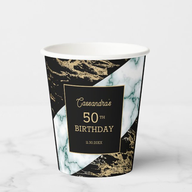 Vasos De Papel Moda Relieve metalizado dorado de mármol blanco pi (Anverso)