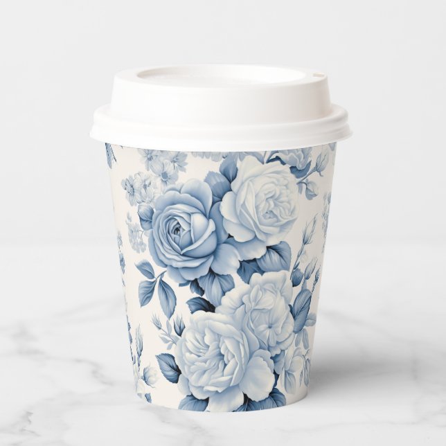 Vasos De Papel Moda romántica Rosas anticuados y azules (Anverso)
