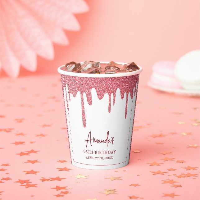 Vasos De Papel Moda Rosa Dorado Purpurina Dulce 16 Cumpleaños (in situ)