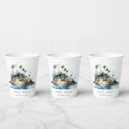 Vasos De Papel Moda Watercolor Seascape Palm Tree Island Boda