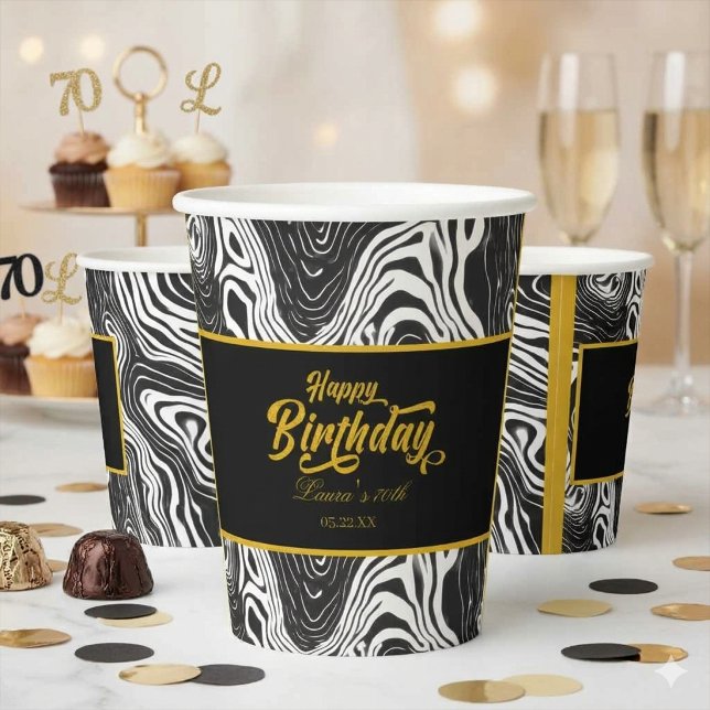 Vasos De Papel Modern Black & Gold Agate Happy Birthday  (Subido por el creador)