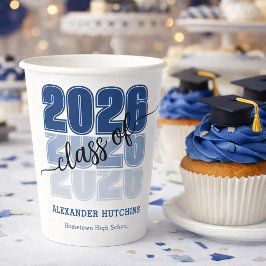 Vasos De Papel Modern Bold Class 2026 Navy Blue Graduation Party